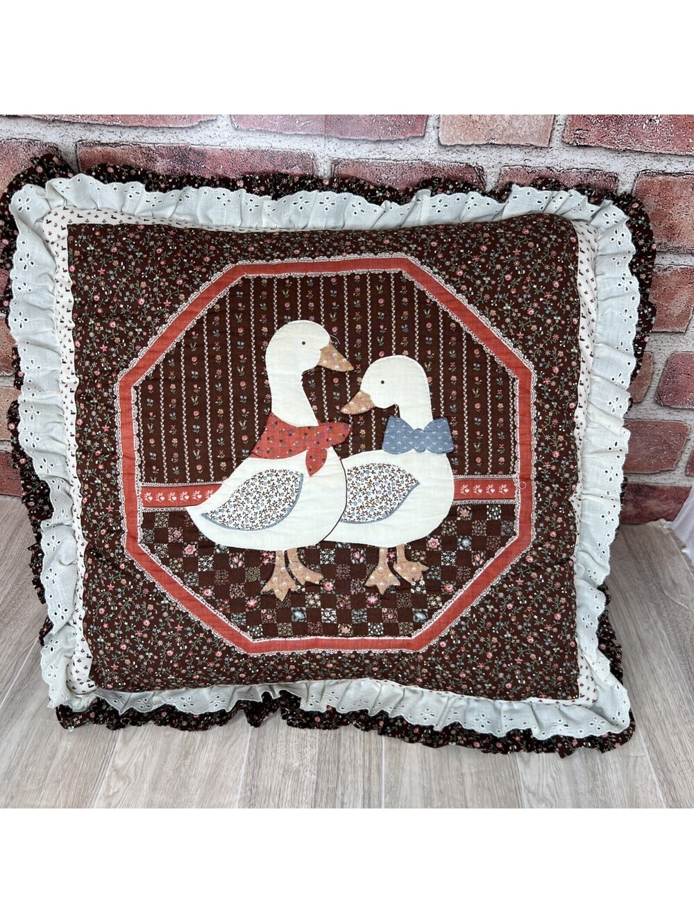 Vtg Handmade Quilted Lace Country Ducks Geese Farm Cottagecore Throw Pillow Bird